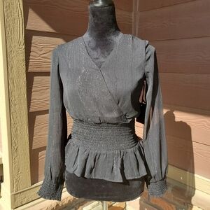 NWT Japna Smocked Surplice Blouse Top Size XS Black Silver Metallic Stripes